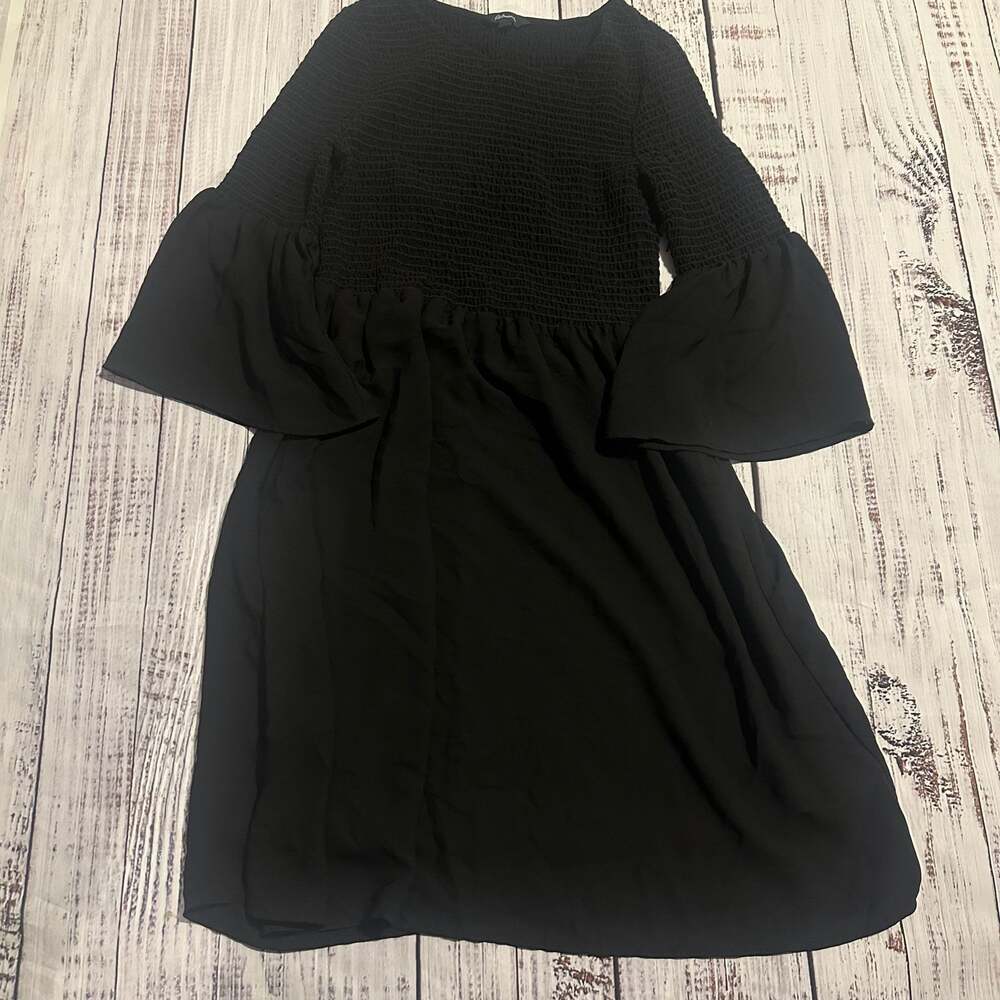 Reitmans Black Smocked Bell Sleeve Goth Grunge Witchy Mini Dress-M